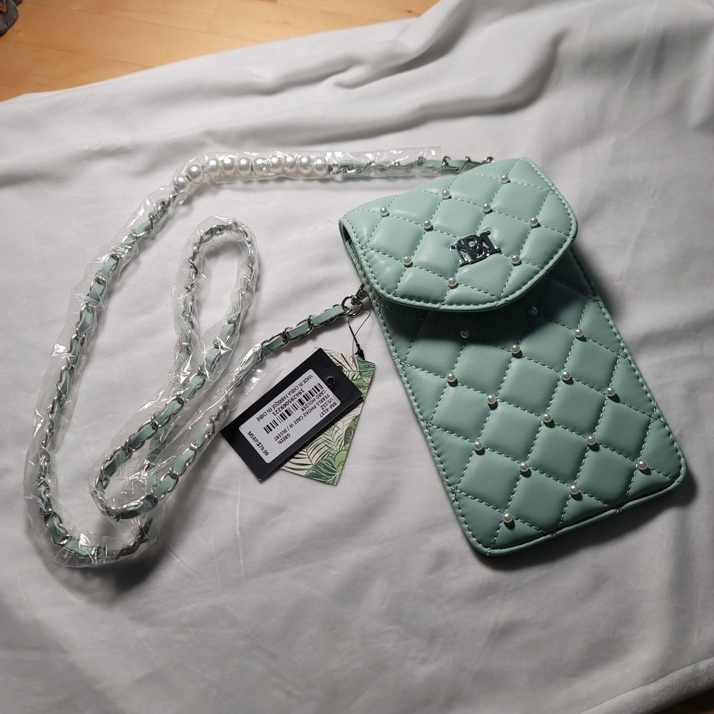 Light Green Quilted Phone Case with Pearl Accents